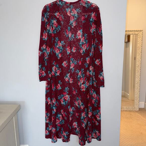 Lularoe Sarah Floral Duster Cardigan Size Medium Pockets Long Burgundy Red Blue - Picture 8 of 8